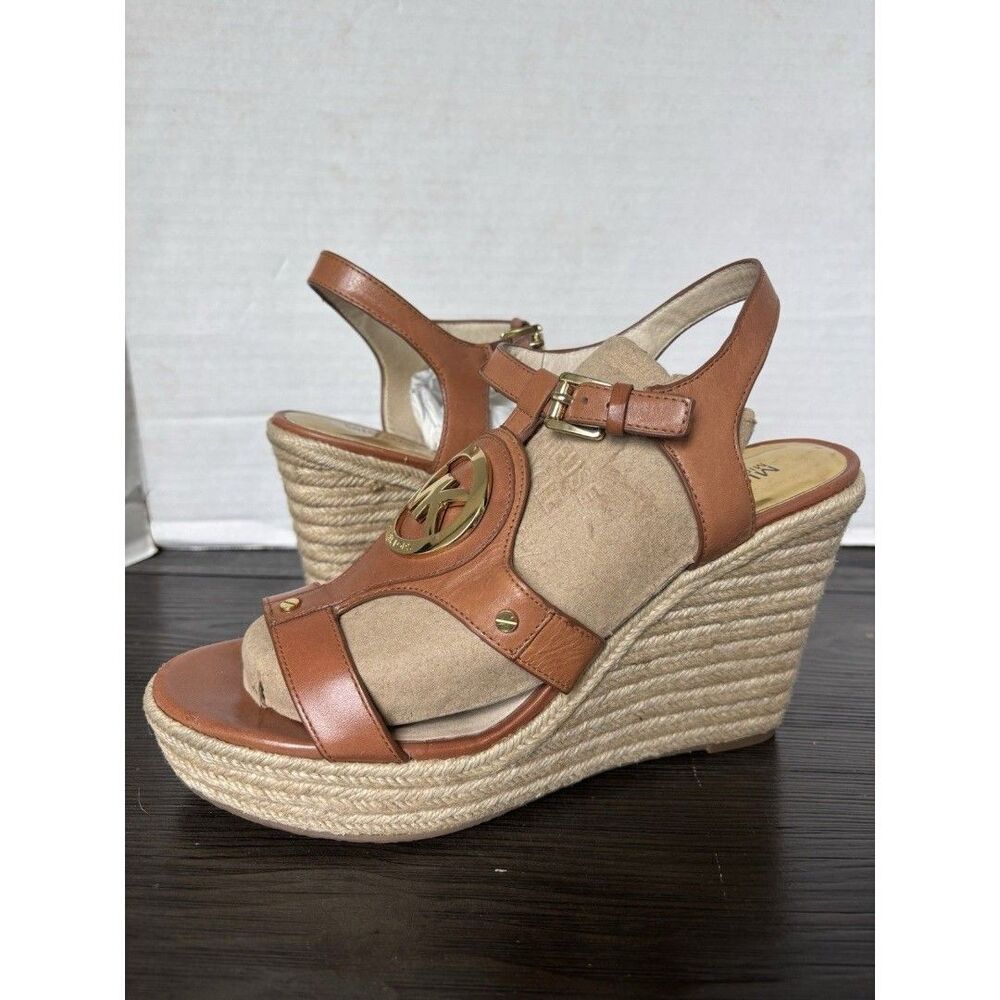 Michael Kors Wedge Espadrille Heels Women 10 Brown Leather Gold Logo Strappy